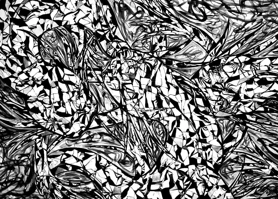 Dense black ink broken into facets across the sheet