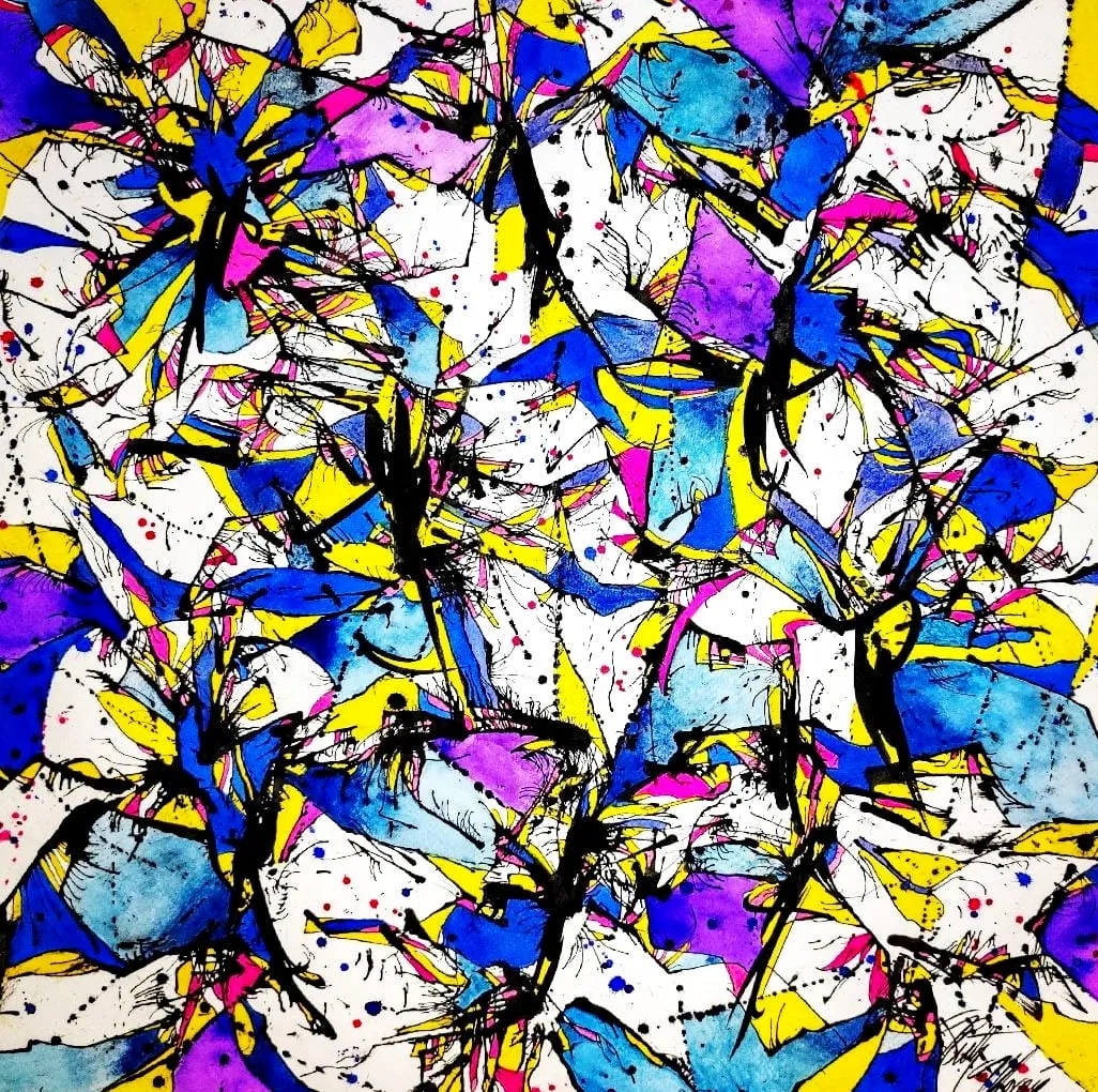 Primary colour in flat planes cut through with black line